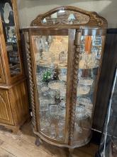 Oak 34 in. Wide Curve Glass Lighted Curio Cabinet Sells Complete w/ Various Clear Glassware