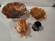 Lot of 4 Carnival Glass Pieces, Cherry Chain, Acorn & Leaf etc.