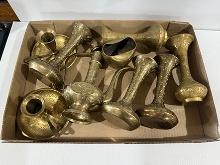 Lot of 9 Indian Brass Vases & Candle Stick Holders