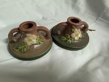 Pair of Roseville White Rose Candle Holders