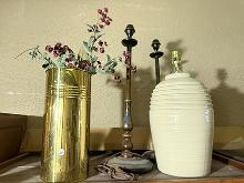 2 Wooden Oriental Candle Sticks,  Lamp & Brass Vase