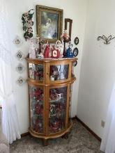 Nice Curved Glass 32 in. Wide By 5 ft. Tall Curio Cabinet, Sells Complete w/Large Cardinal Figurine