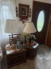 2 Side Tables, Table Lamps, Dogs, Crystal Basket & Misc. As Shown