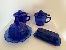 Collectible Colbalt Blue Glass, Juicer w/Measuring Cup, Butter Dish