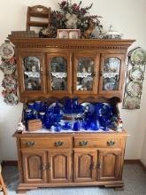 Tell City Oak 54 in. China Hutch, Colbalt Blue Glass, China, (Cabinet is Full)