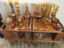 2 Side Stands, Amber Glass, Tumblers, Etc.
