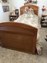Oak Twin Size Bed, 2 Shelf Stands, Figurines, Lamps, Dolls, Wall Decor