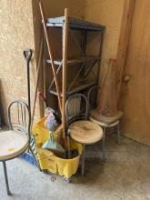 Mop Bucket, 3 Chairs, Shop Broom, Shelf & Misc.