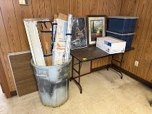 2 Folding Tables, Trash Can, Totes, Misc.