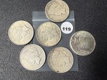 (6 X $) 1922. (3) 22-D, (2) 22-S Peace Dollars