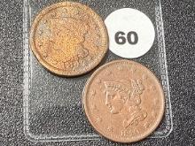 1840, 1847 Large Cents, Cleaned, Corroded