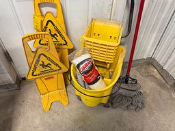 Rubbermaid Mop Bucket and Caution Signs