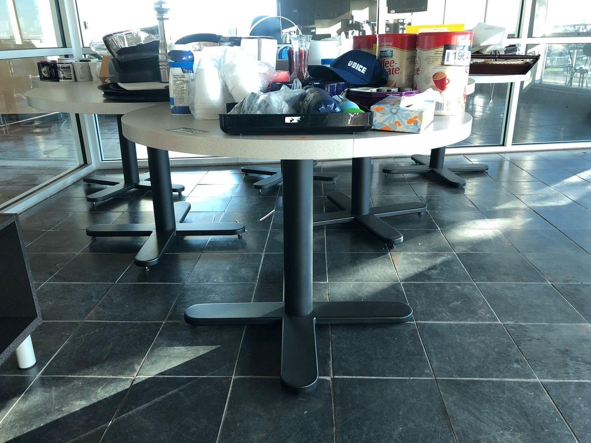 Lot of 6 Round Pedestal Tables and Storage Cabinet.