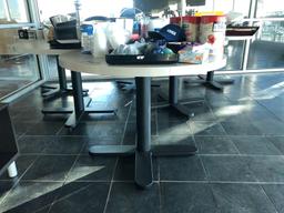 Lot of 6 Round Pedestal Tables and Storage Cabinet.