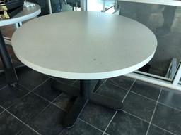Lot of 6 Round Pedestal Tables and Storage Cabinet.