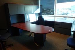 U-shaped Desk w/ Bullet Top, Overhead, Storage Cabinet, Coat Tree and 3 Task Chairs.