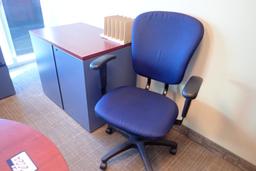 U-shaped Desk w/ Bullet Top, Overhead, Storage Cabinet, Coat Tree and 3 Task Chairs.
