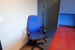 U-shaped Desk w/ Bullet Top, Overhead, Storage Cabinet, Coat Tree and 3 Task Chairs.