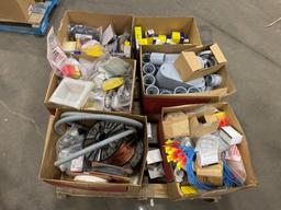 Pallet of Asst. Electrical Supplies including, Connectors, Flashlight, Heat Shrink, Gang Boxes, Grou