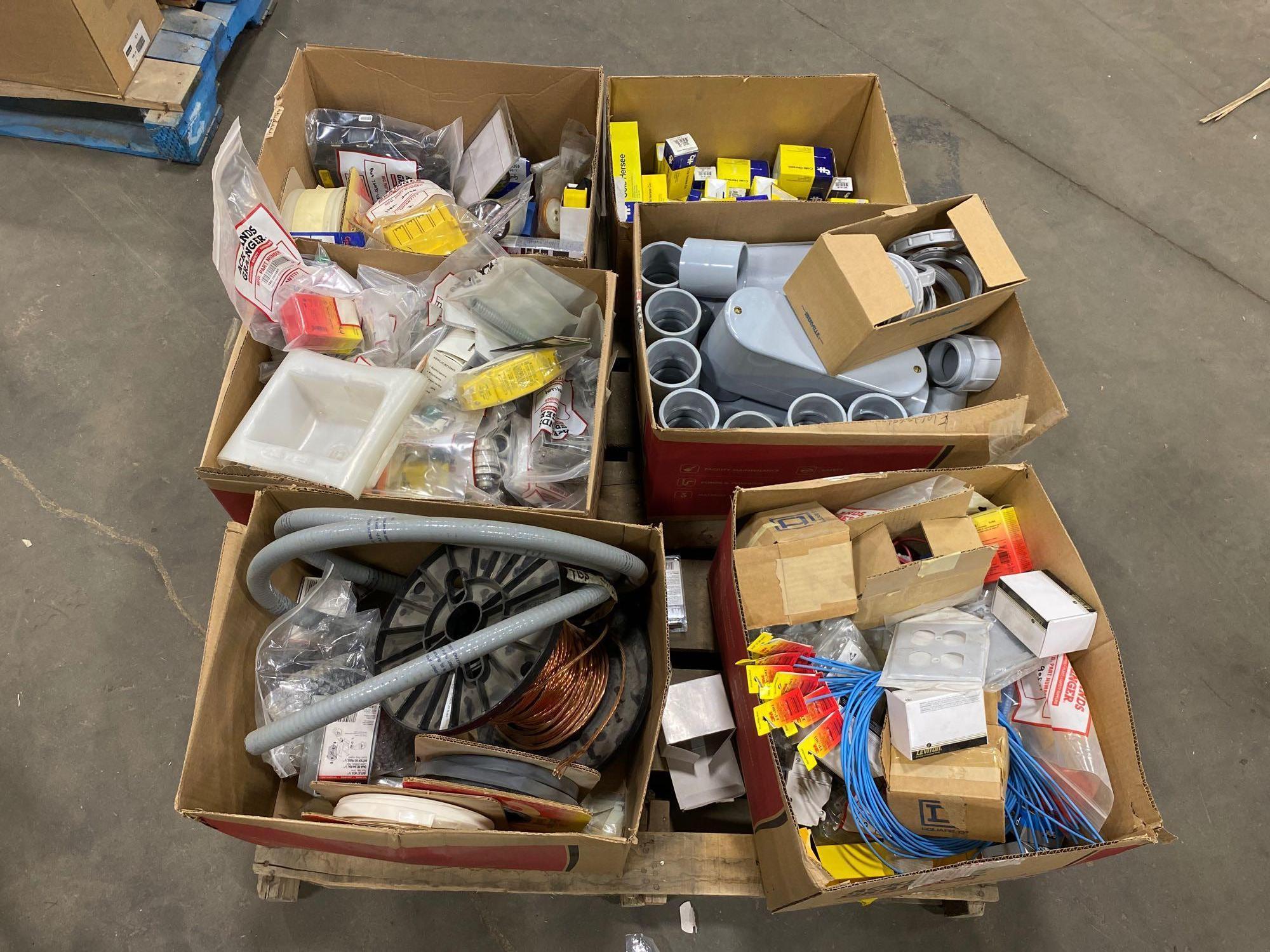 Pallet of Asst. Electrical Supplies including, Connectors, Flashlight, Heat Shrink, Gang Boxes, Grou