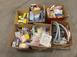 Pallet of Asst. Electrical Supplies including, Connectors, Flashlight, Heat Shrink, Gang Boxes, Grou