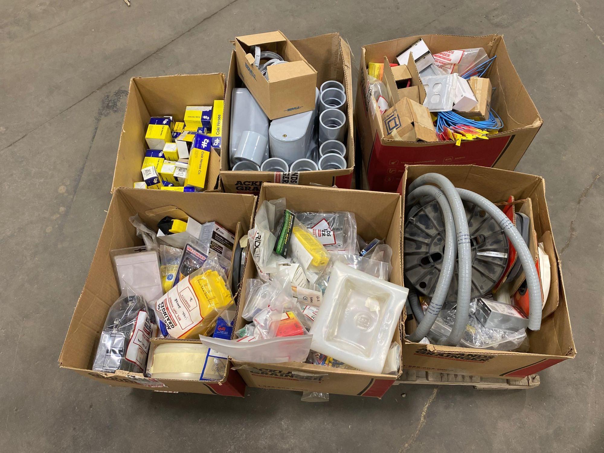 Pallet of Asst. Electrical Supplies including, Connectors, Flashlight, Heat Shrink, Gang Boxes, Grou