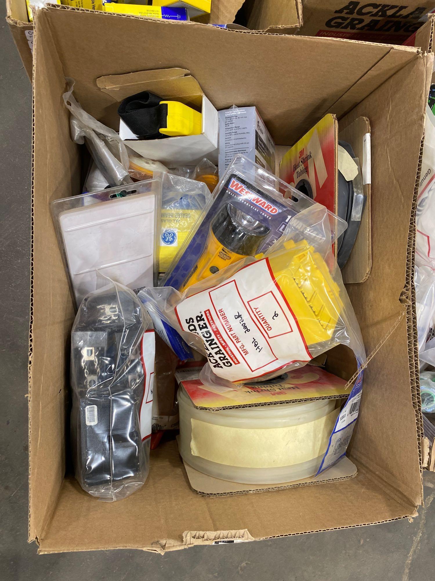 Pallet of Asst. Electrical Supplies including, Connectors, Flashlight, Heat Shrink, Gang Boxes, Grou