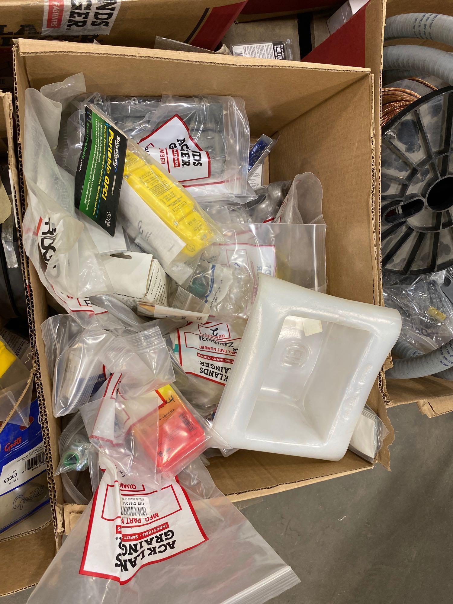 Pallet of Asst. Electrical Supplies including, Connectors, Flashlight, Heat Shrink, Gang Boxes, Grou