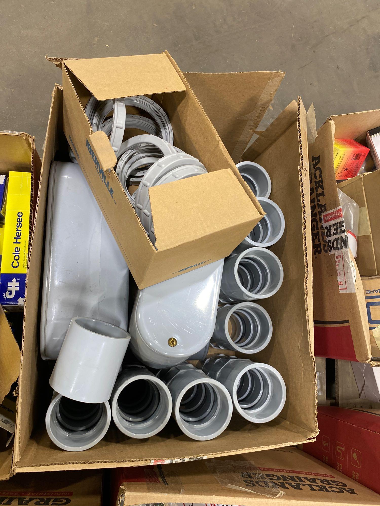 Pallet of Asst. Electrical Supplies including, Connectors, Flashlight, Heat Shrink, Gang Boxes, Grou