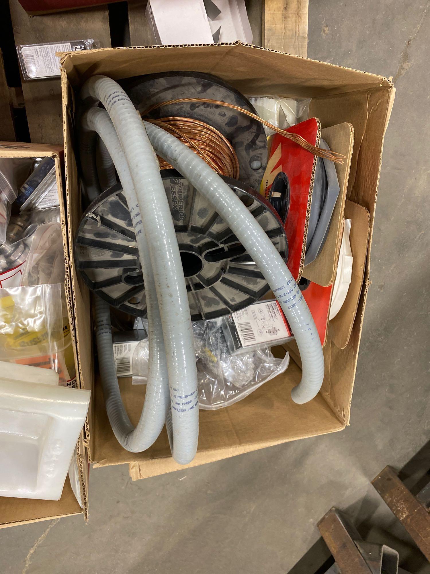 Pallet of Asst. Electrical Supplies including, Connectors, Flashlight, Heat Shrink, Gang Boxes, Grou