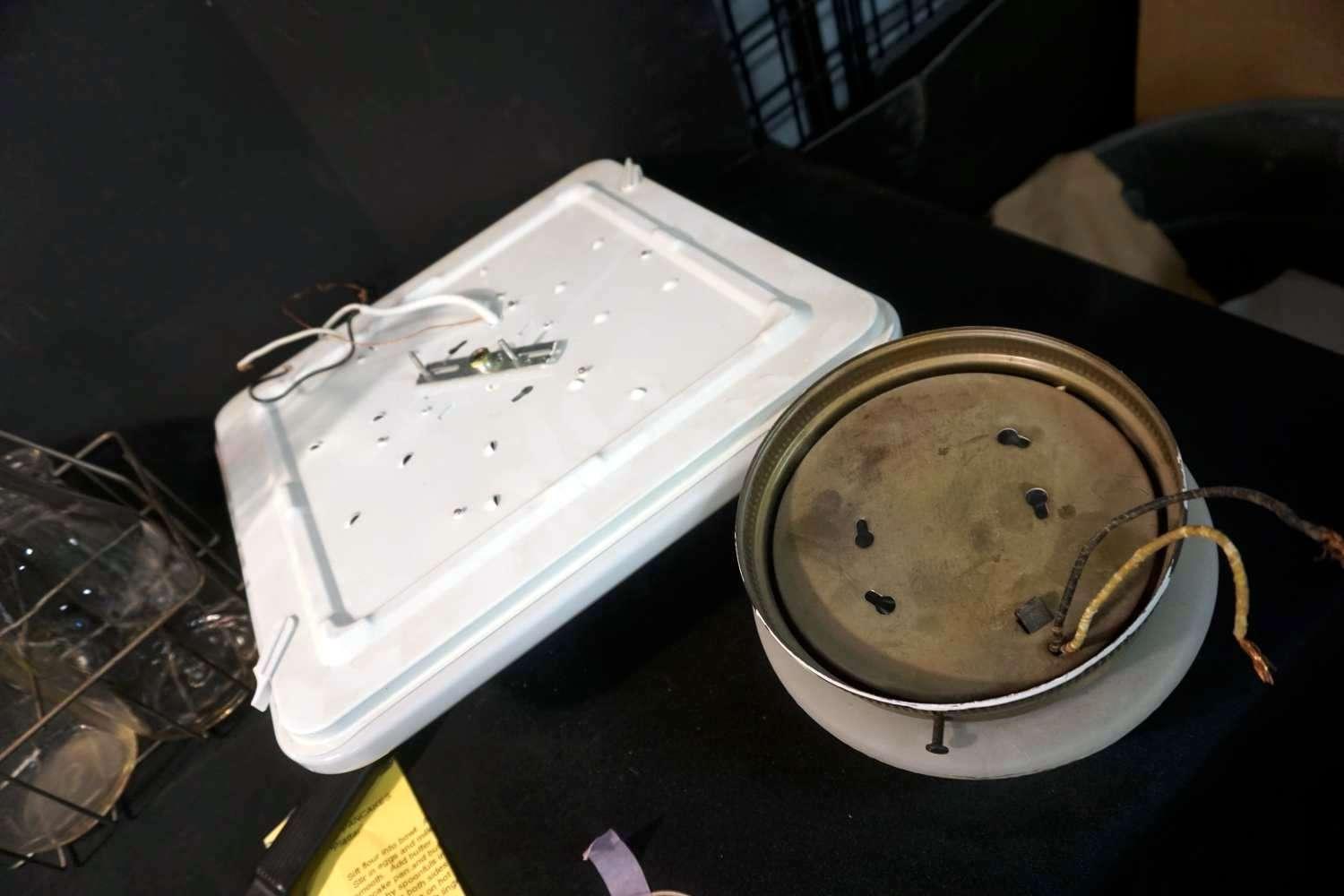 Light Fixture, Pans, Milk Bottles, Filters, Tools