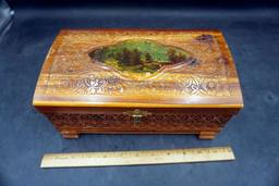 Handpainted, Carved Wooden box w/ Mirror