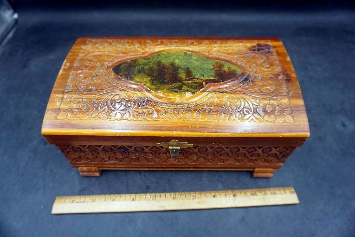 Handpainted, Carved Wooden box w/ Mirror