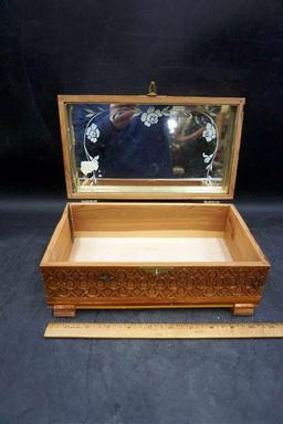 Handpainted, Carved Wooden box w/ Mirror