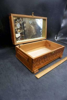 Handpainted, Carved Wooden box w/ Mirror
