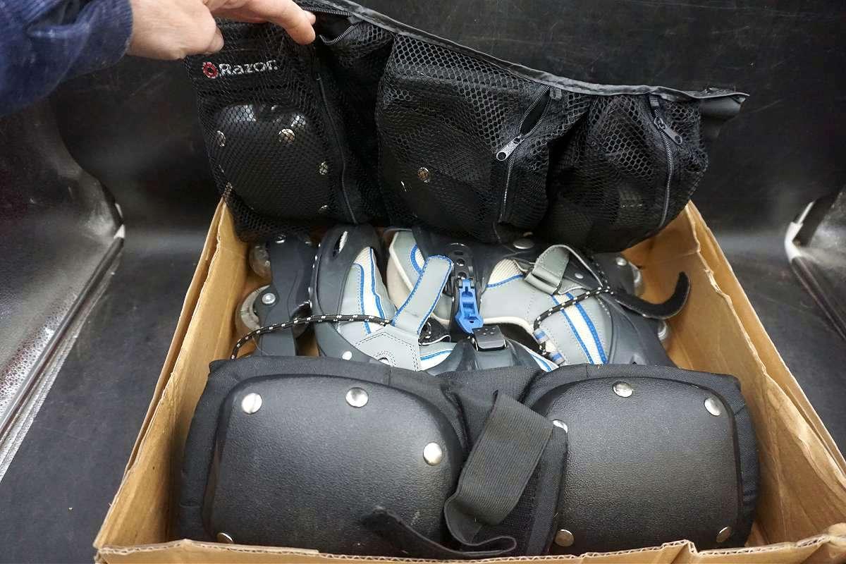Roller blades and pads.