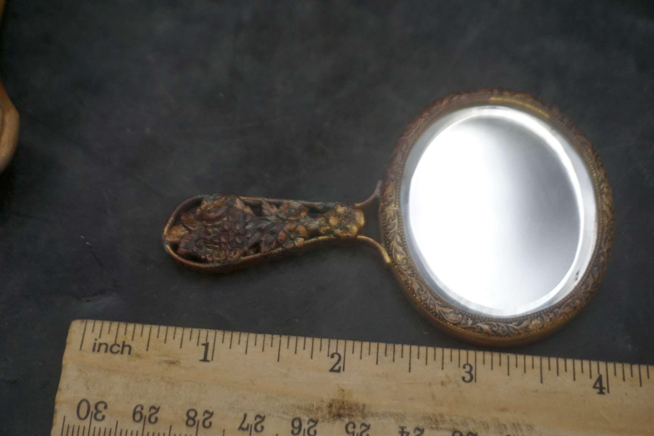 Beautiful Hand Mirror, Bird Brooch & Wooden Jewelry Box