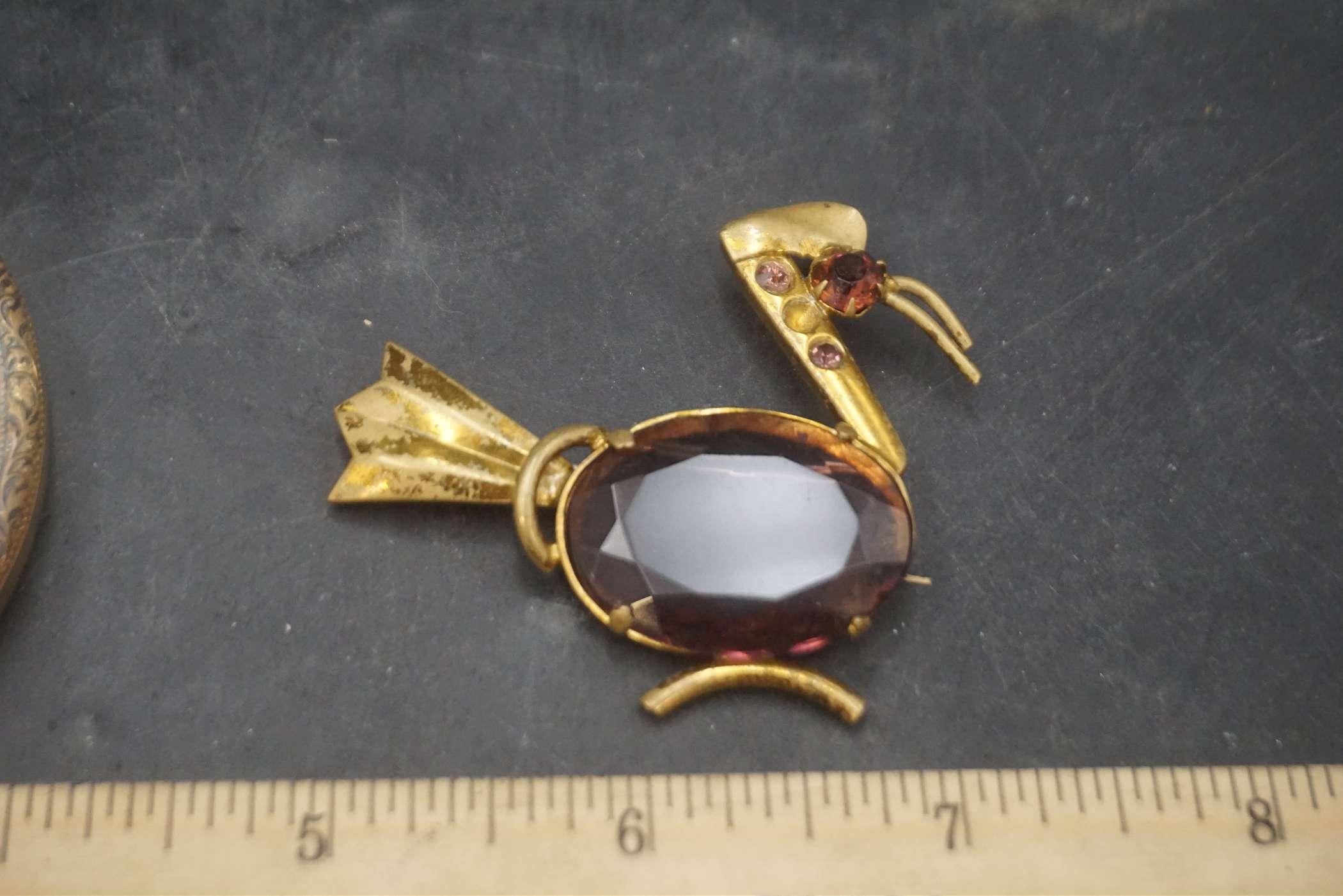 Beautiful Hand Mirror, Bird Brooch & Wooden Jewelry Box