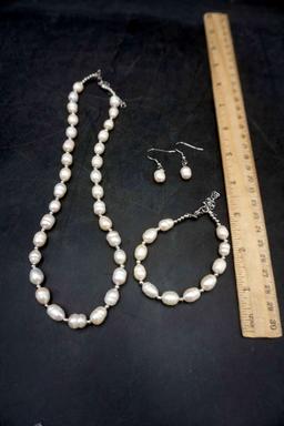 Real Pearl Necklace, Bracelet & Earrings
