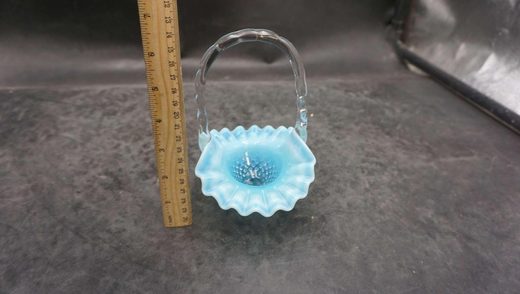 Fenton Blue Hobnail Ruffled Basket W/ Handle