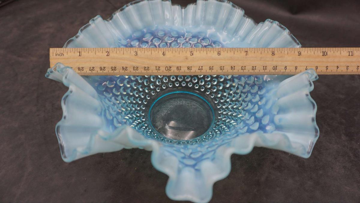 Fenton Blue Hobnail Ruffled Bowl