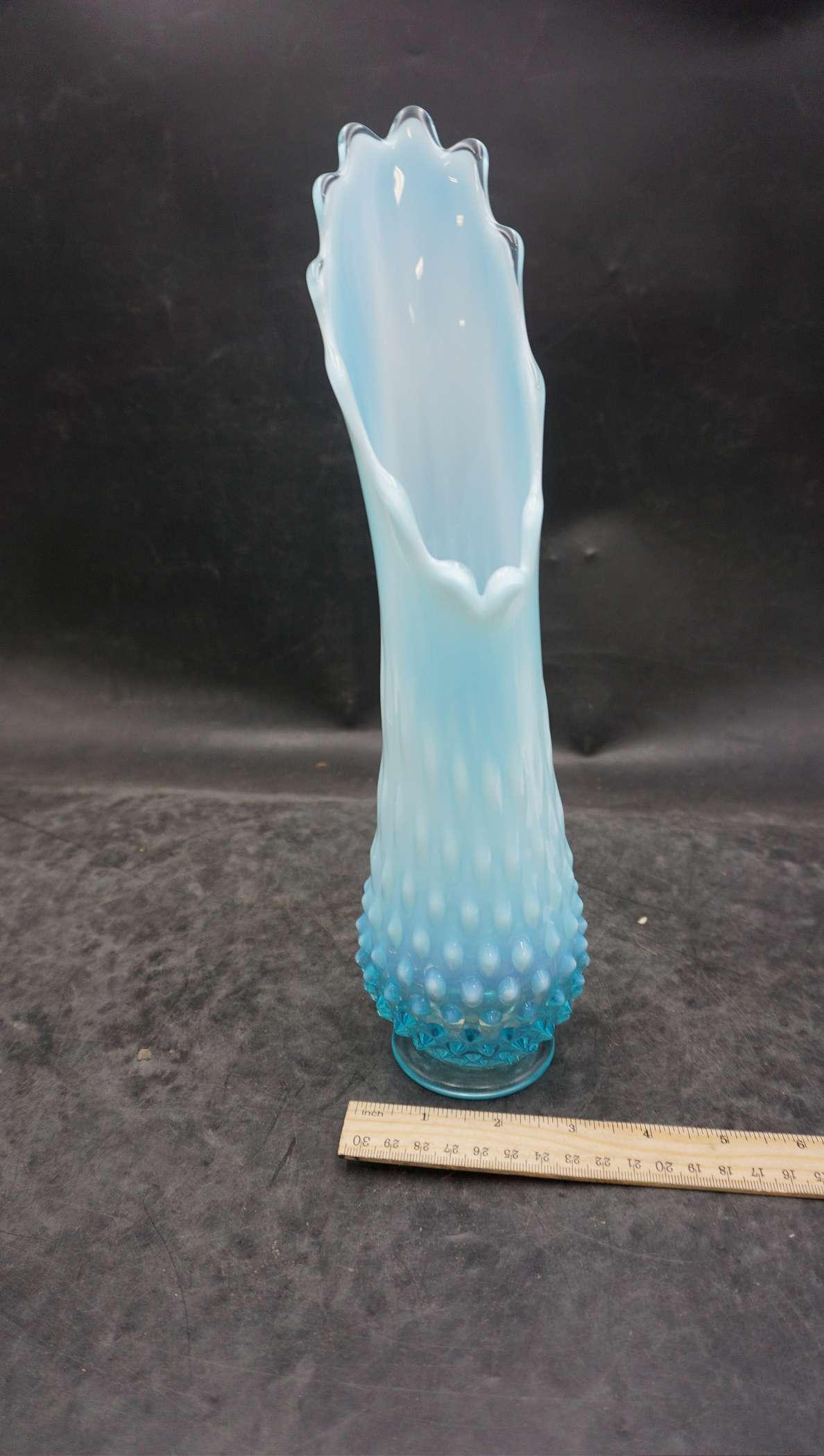 Fenton Blue Hobnail Ruffled Vase