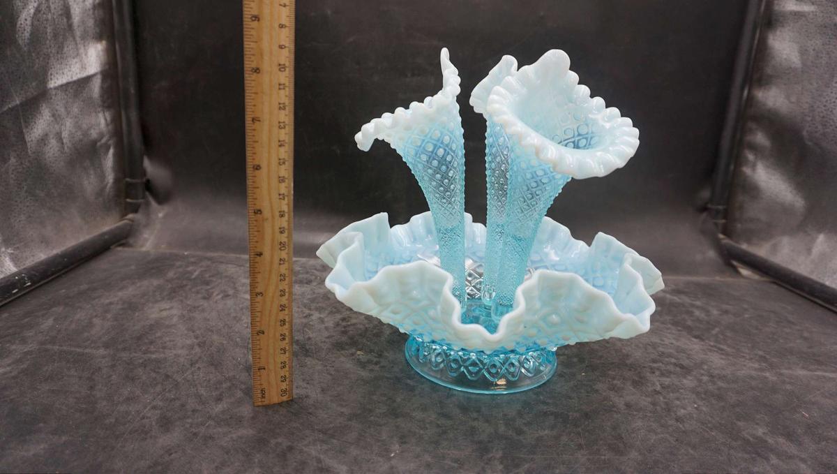 Fenton Blue Hobnail Three Fluted Epergne