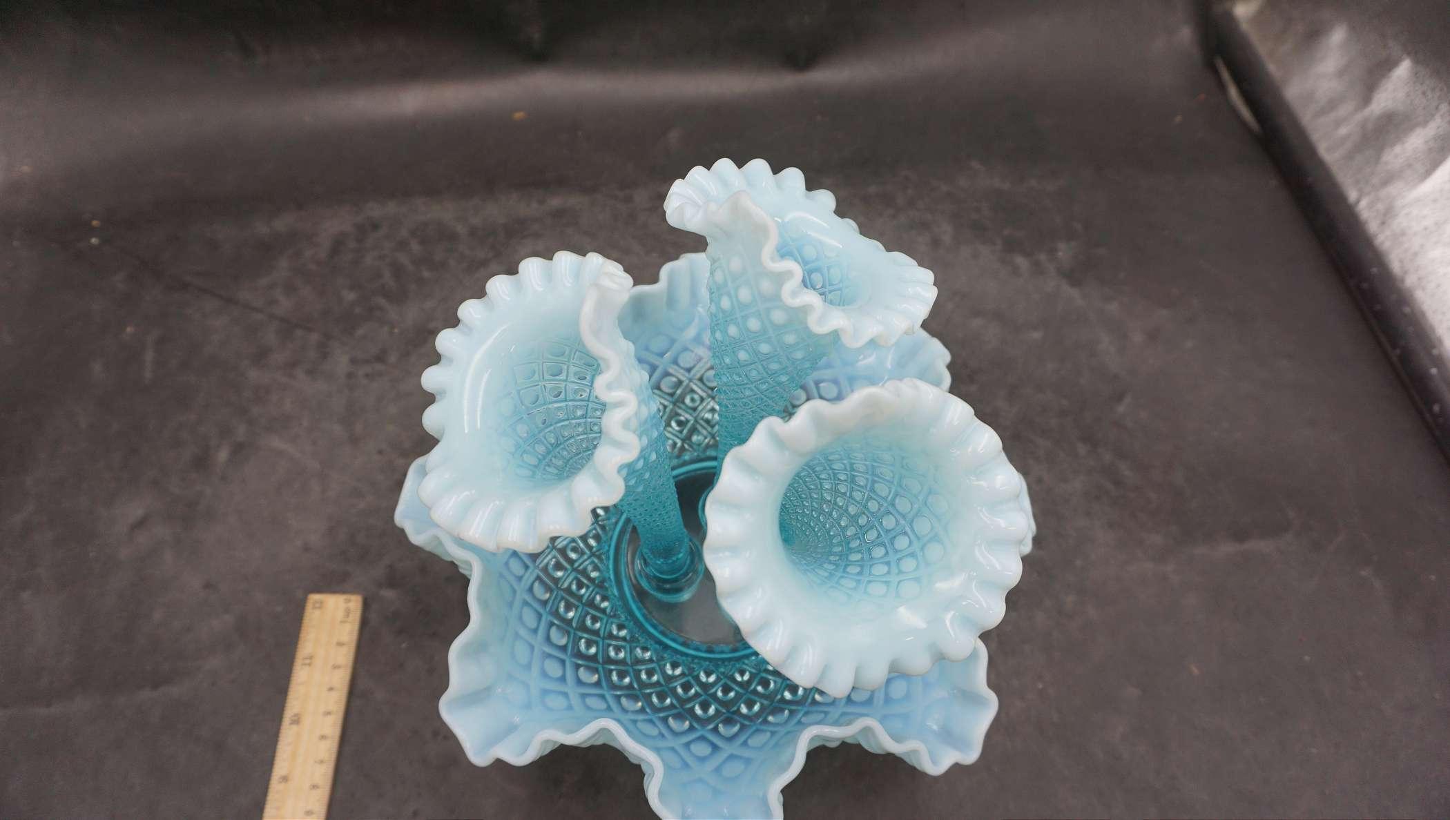 Fenton Blue Hobnail Three Fluted Epergne