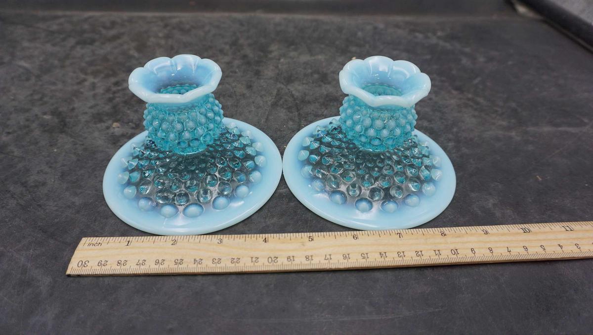 2 - Fenton Blue Hobnail Candle Holders