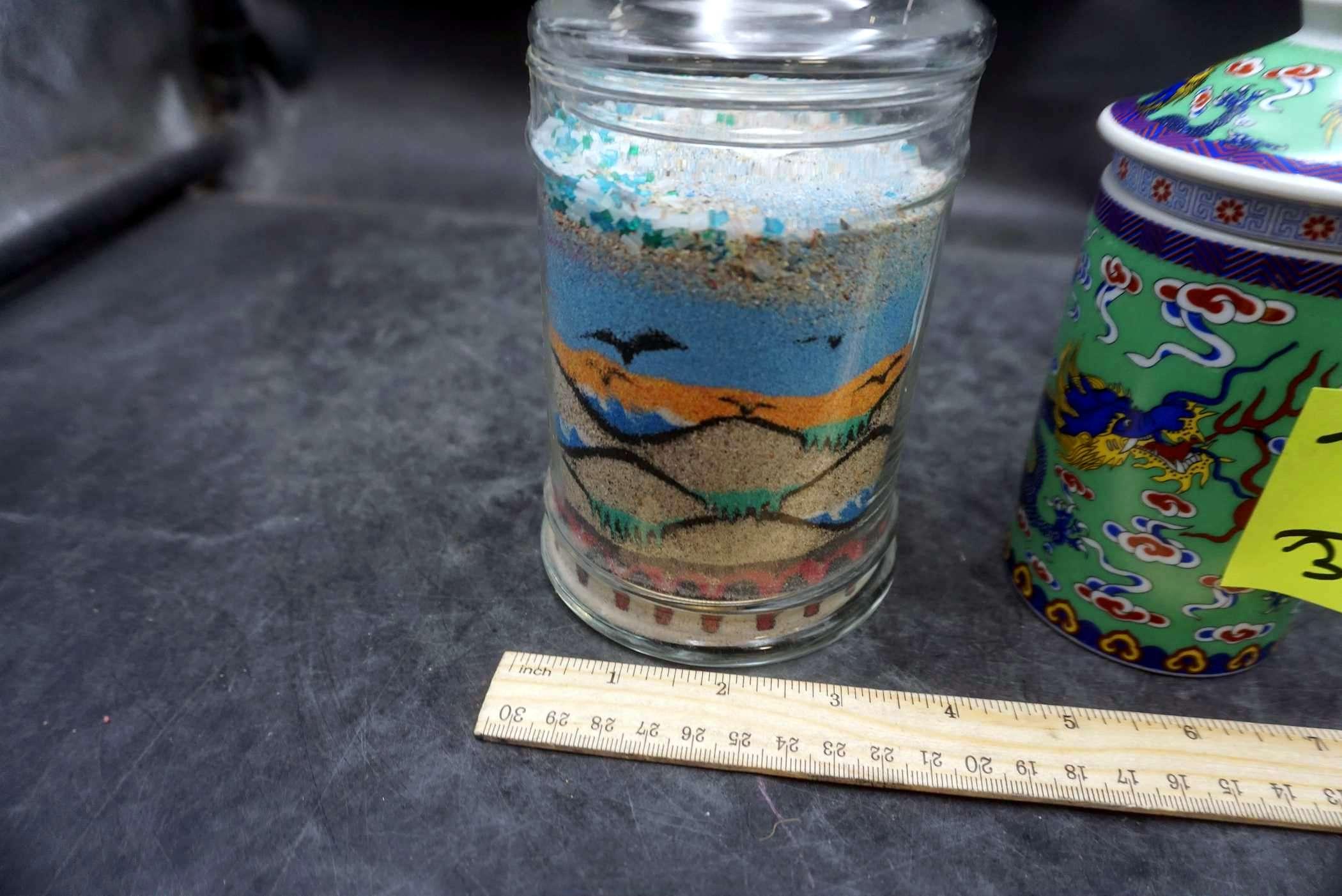 Glass Container W/ Sand & Other Container