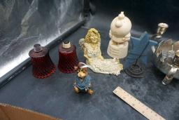 Lady Figurine, Star, Figurine, Decanters, Silver Plate Candlestick Holder Dish, Man & Cradle Figurin
