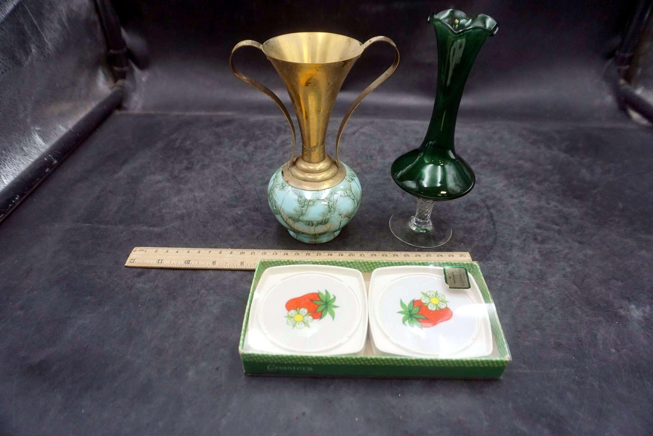 2 Vases & Hallmark Strawberry Coasters