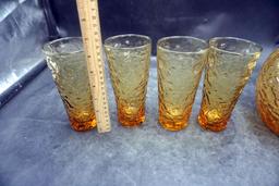 Yellow Glass Pitcher & 3 Glasses (One Broke)