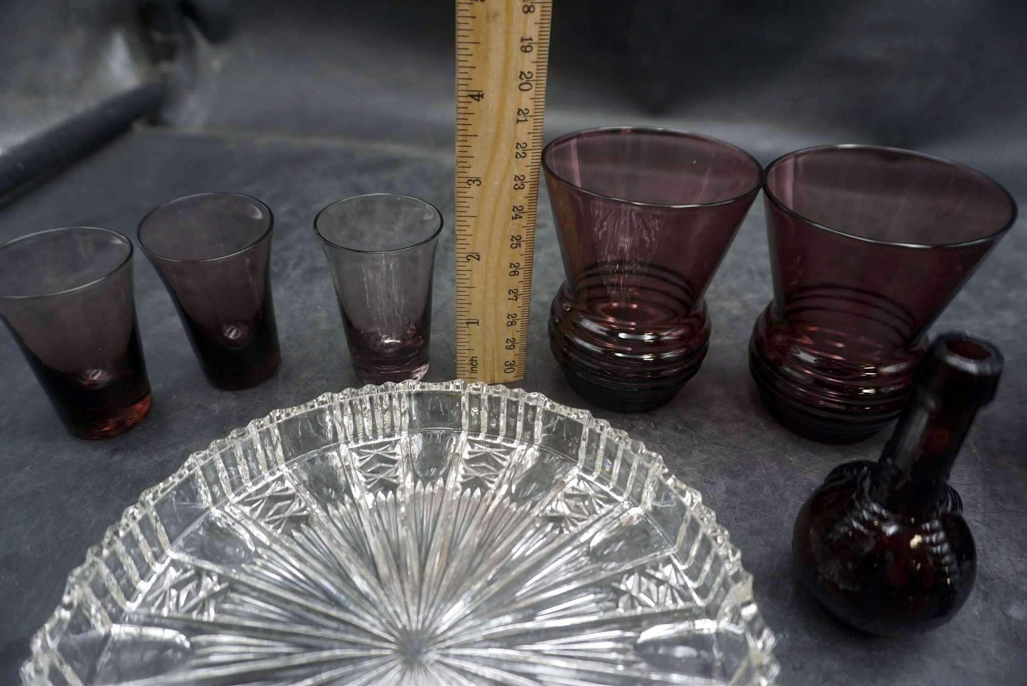 Purple Glass Bowls, Shot Glasses, Cups, Vase & Clear Glass Server